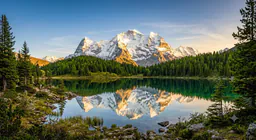 Snow-capped mountains reflected in an alpine lake