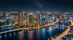 Illuminated city skyline reflected in a river at night