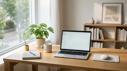 Laptop and coffee on a desk beside a window