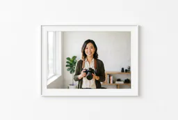 Woman holding a camera in a bright photography studio